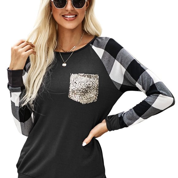 NEW! Black White Buffalo Check Sleeve Shirt Sequin - Picture 8 of 14